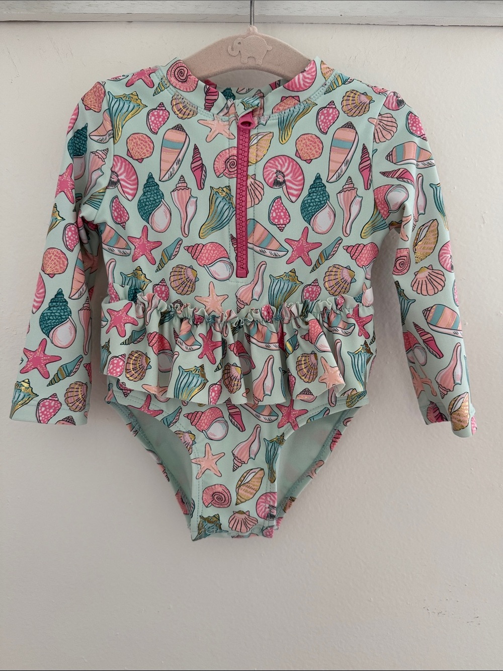 Flapdoodles Baby 12 m Long-Sleeve Seashell Ruffle One-Piece Swimsuit - Pink